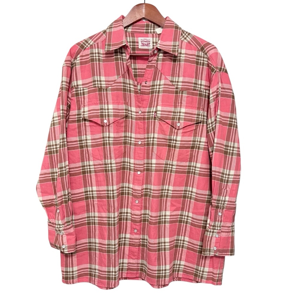 Levi's Women’s Coral Plaid Button-Down Snap Long Sleeve Shirt Size Medium US - Picture 2 of 7
